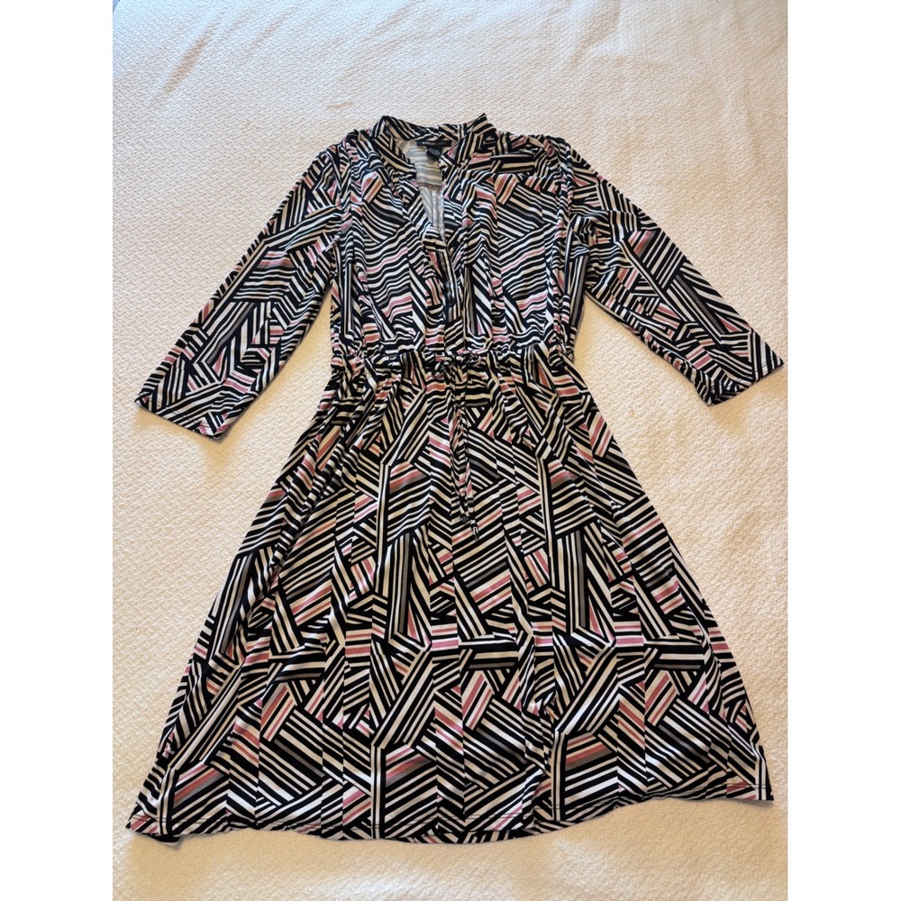 Robert Louis Geometric Abstract Midi Dress Black Pink White Drawstring Waist M